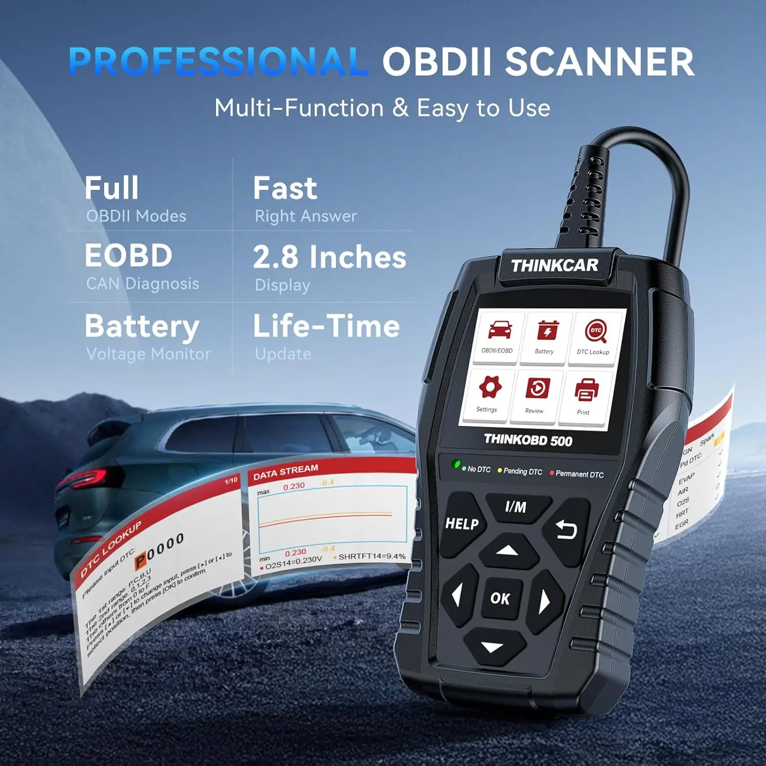 Thinkobd 500 OBD2 Scanner, Full OBD II CAN Diagnostic Tool, Read/Clear Codes, Live Data, 2.8' Display