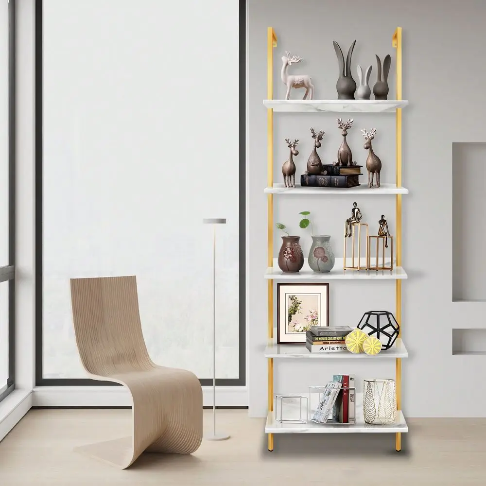 

Shelf White Marble Open Bookshelf 5Tier WallMounted Wood Rack Industrial Modern Plant Flower Stand Utility Organizer Bookcase M