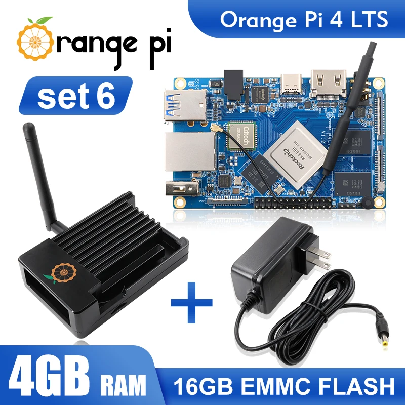 Orange Pi 4 LTS 4G16G+Metal Shell (Antenna)+DC 5V4A Power Supply, RK3399 Mini PC Computer Tablet, Run Android,Ubuntu,Debian OS