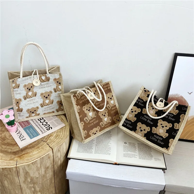 Bear Linen Tote Bag Female Outing Hand Bag 2024 Internet Celebrity Ins Japanese Small Shoulder Bag Student Shoulder Bag