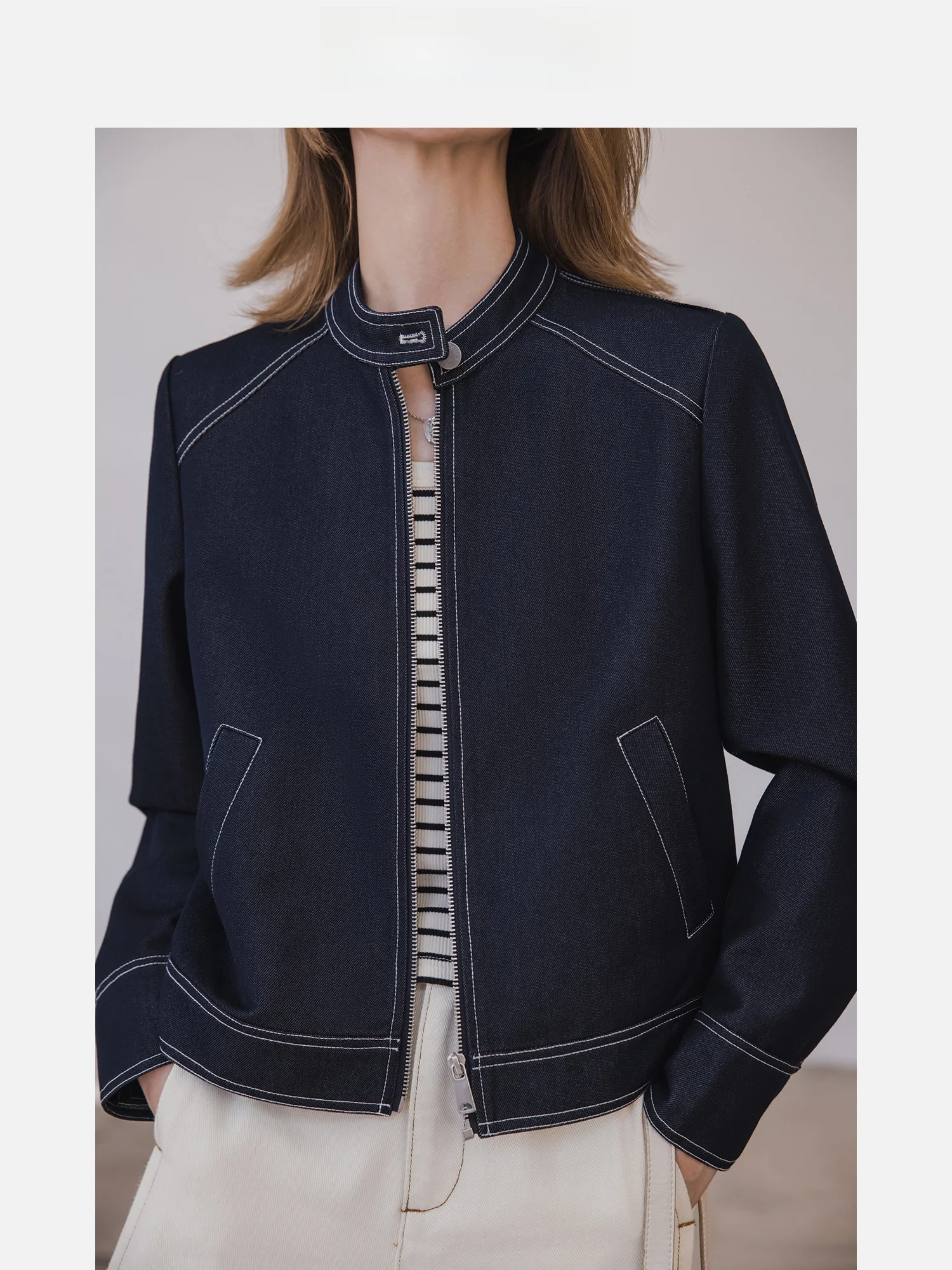 

Xiaogulii HongKong Sle Denim Jaet Women's ort Coat Casual Straight Leg Collar Contrast Color Stitching Versatile Top