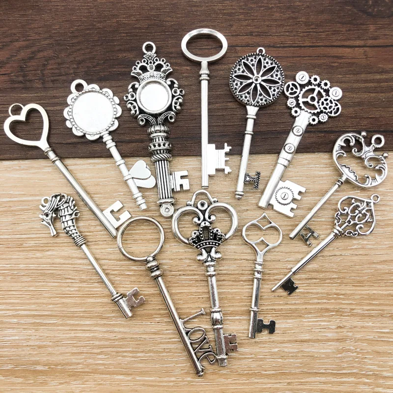 2pcs Vintage Large Crown Love Heart Key Pendants Charm For Jewelry Making Antique Silver Plated Big Key Charm Pendant Key Retro