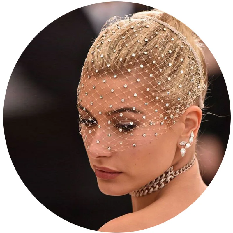 Noiva Véu De Cristal Cabelo Peixe Net Headpiece, Criptografado com Diamante, Cabeça De Malha Hoop, Bola De Noiva, Acessórios Do Partido