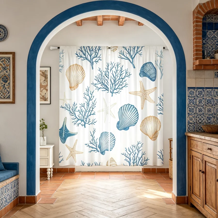 2PCS Digital Print  Curtain, Blue Yellow Seashell, Bohemian Style  Curtain Panel for Home Living Room Bedroom Decor
