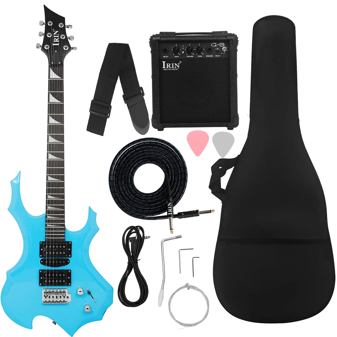 

IRIN Blue Electric Guitar 24 Frets Maple Neck Flame Electric Guitar Set with Picks Amp Strap Guitar Accessories