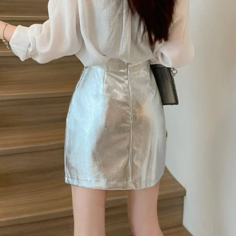 Minifaldas de PU para mujer, temperamento elegante, imperio de verano, moda básica, informal, estética suave, Ulzzang, combina con todo, Vintage