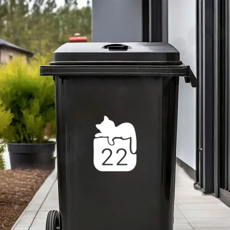 1PC 18x23CM Custom House Number Cute Cat-Themed Trash Can Sticker Waterproof Vinyl Decals Self-Adhesive Universal image 5