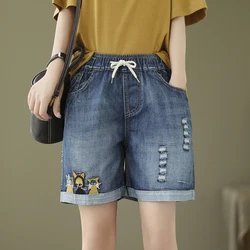 Summer Cartoon Cat Embroidery Hole With Denim Shorts Women Clothing Casual Sweet Elastic Waist Cowboy Shorts Jeans U141