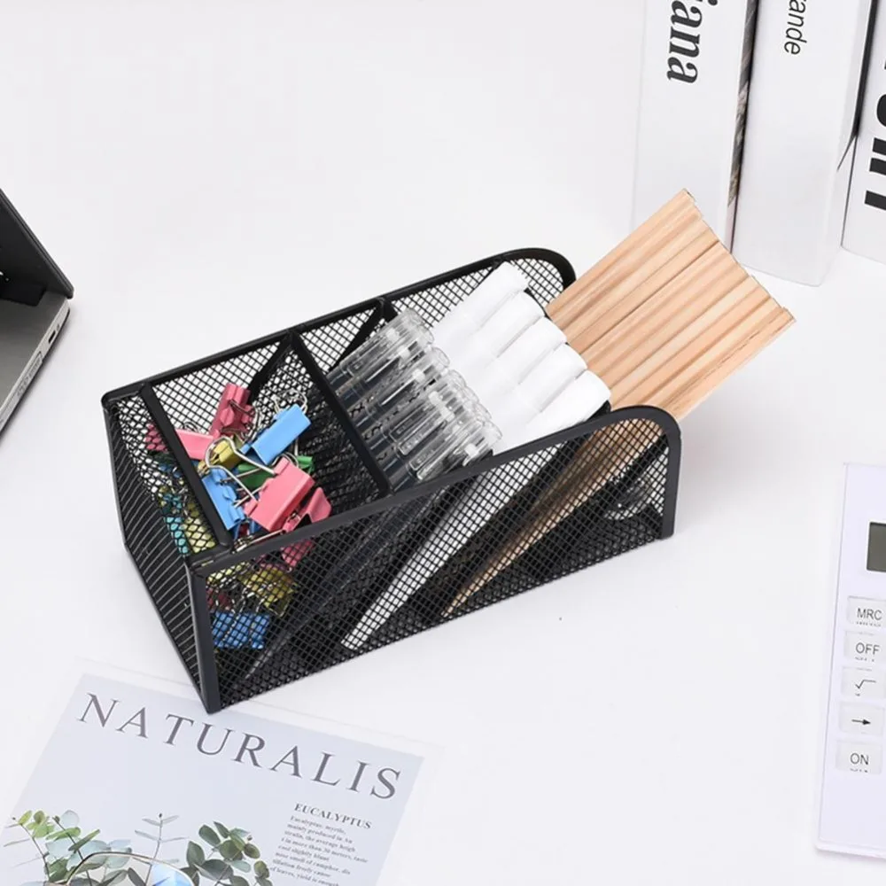Mesh Pencil Pen Holder 5 Slots Oblique Insertion Type Stationery Storage Box Durable Multi-Functional Makeup Brushes Organizer