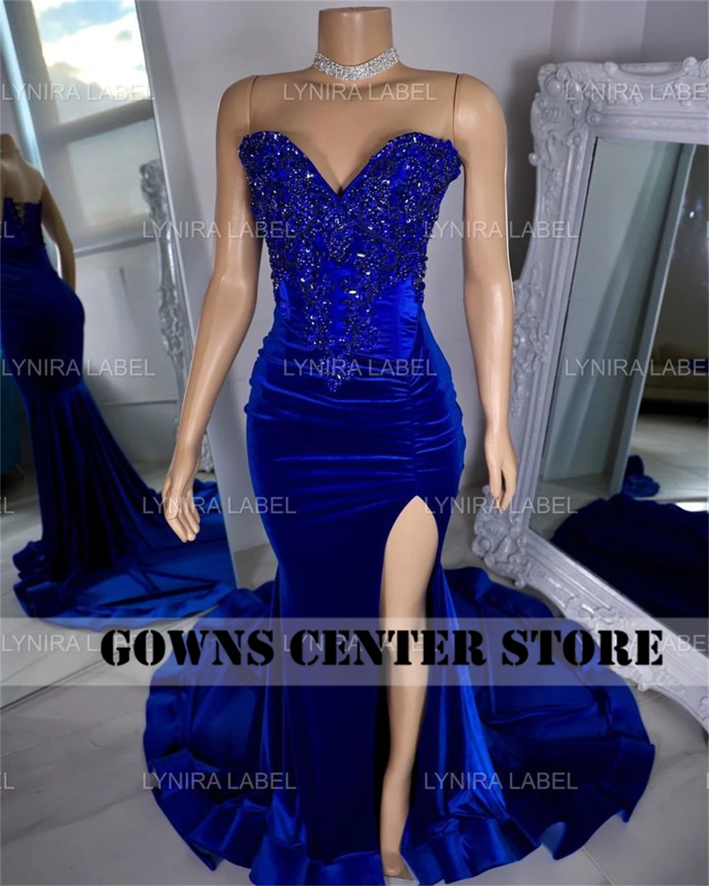 Vestido de fiesta de lujo con cuentas de Mermiad, vestido de fiesta de lujo, diamantes de imitación, Terciopelo Azul Real