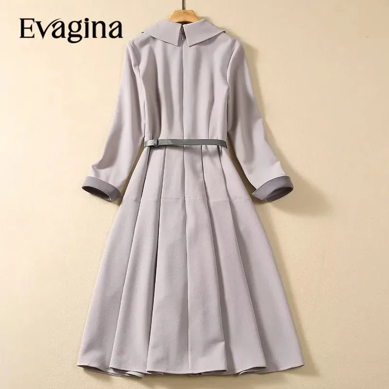 Evagina New Fashion Runway Designer Women's Lapel Collar Long Sleeved Gray Mid Length Occupation Fashion Belt Dress