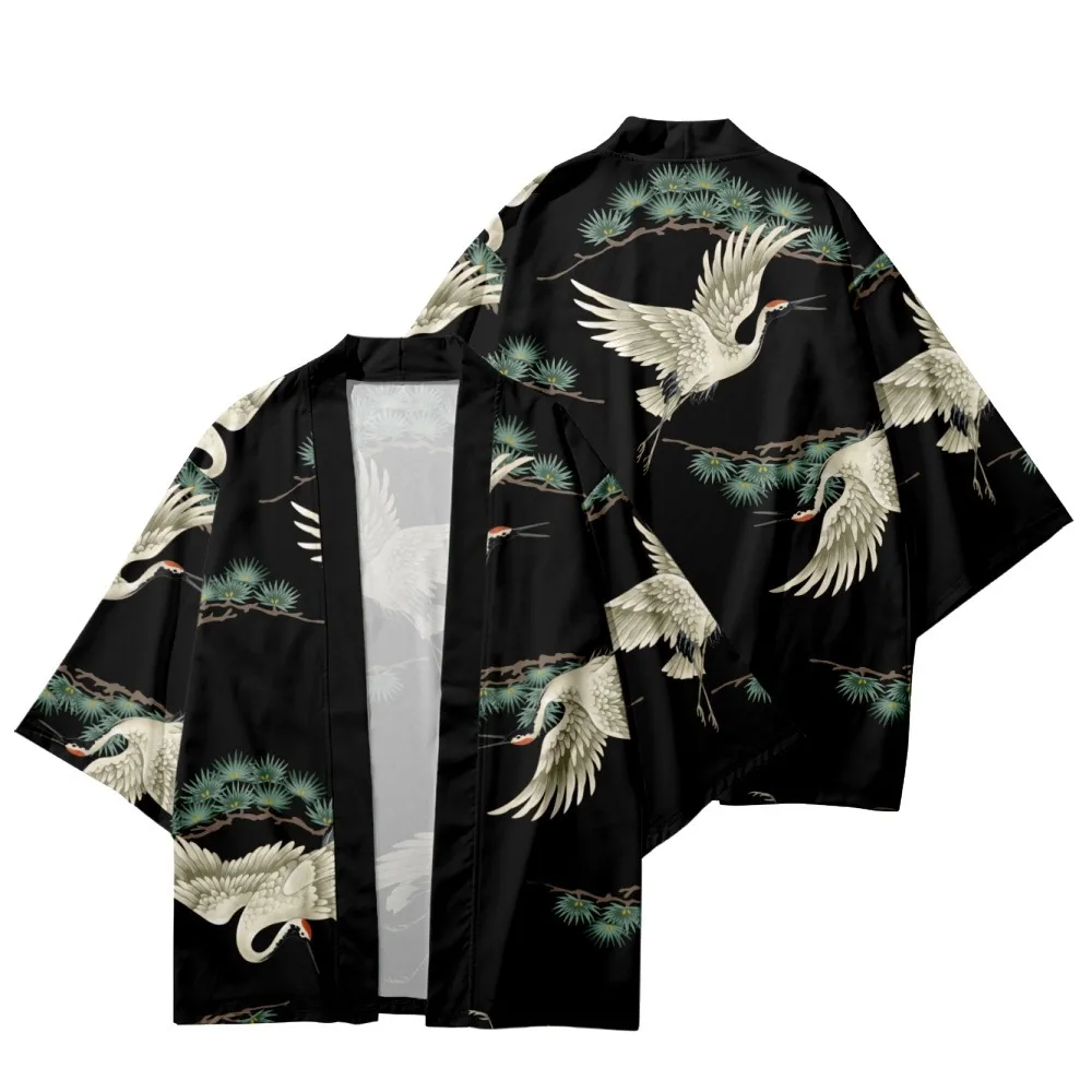 2023 Japanese Traditional Cardigan Kimono Men Women Harajuku Cosplay Haori Coat Summer Beach Crane Print Vintage Shirts