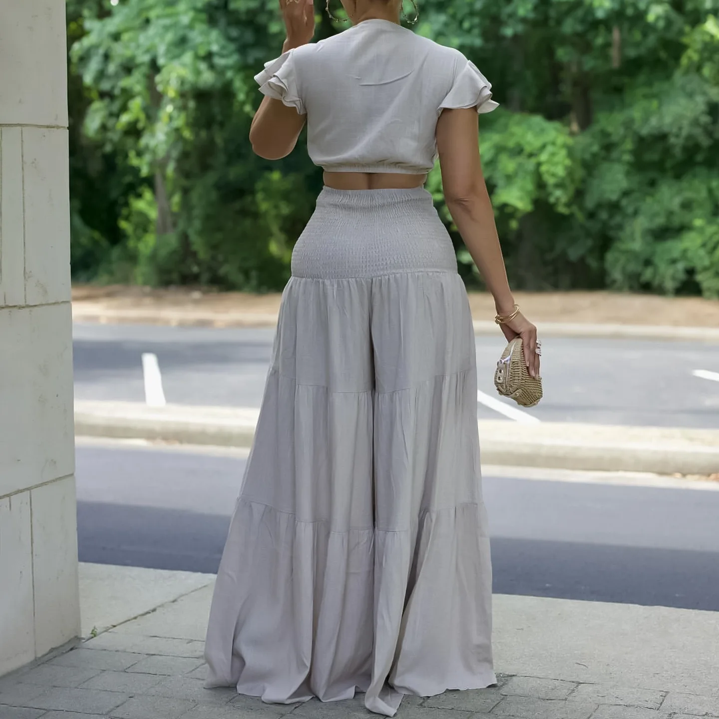 Elegant Ladies 2 Pieces Skirts Sets Clothes for Women Blouse Deep V Neck Ruffles Sleeve & Long Skirts Floor Length Birthday Set