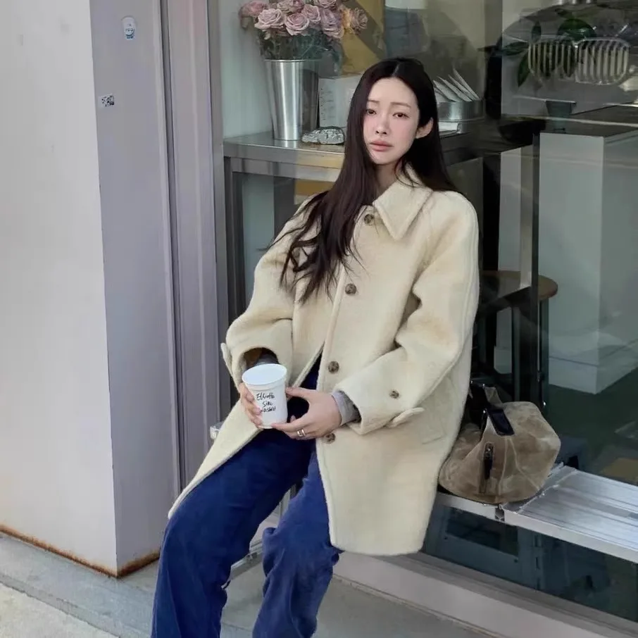 マットピュアカラーフリップカラーシングルボタンウィンターコート東大門スレレディースファイオンアウターウェア春秋