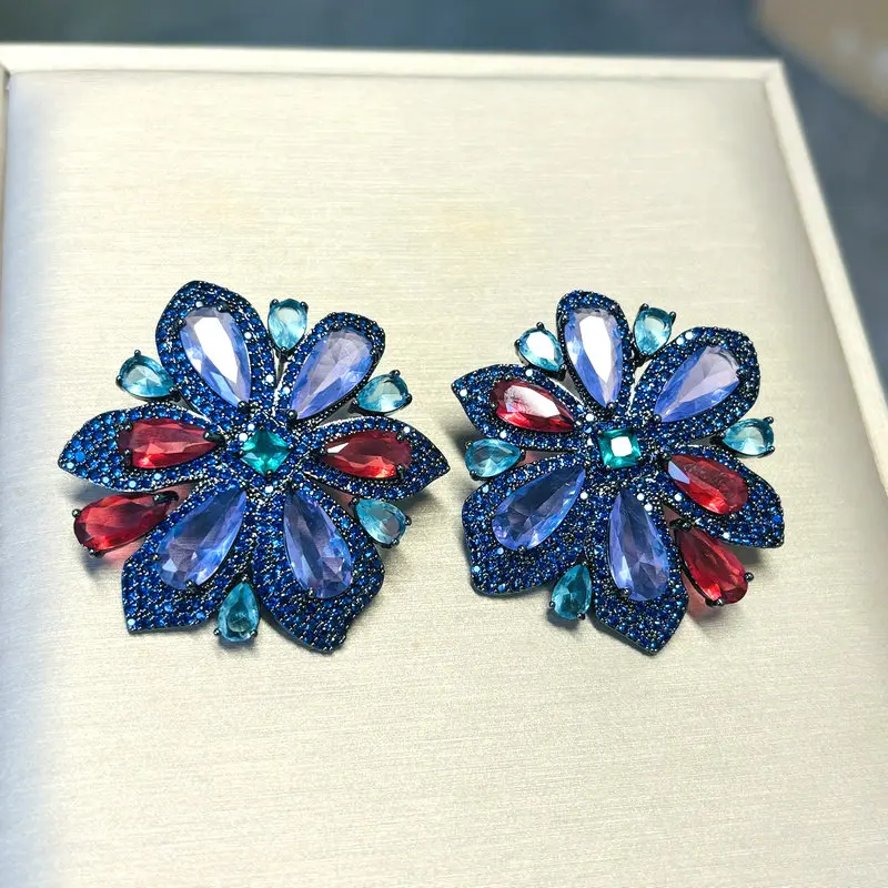 Bilincolor Vingtage Dark Royal Blue and Purple Big Flower Stud Earring for Women