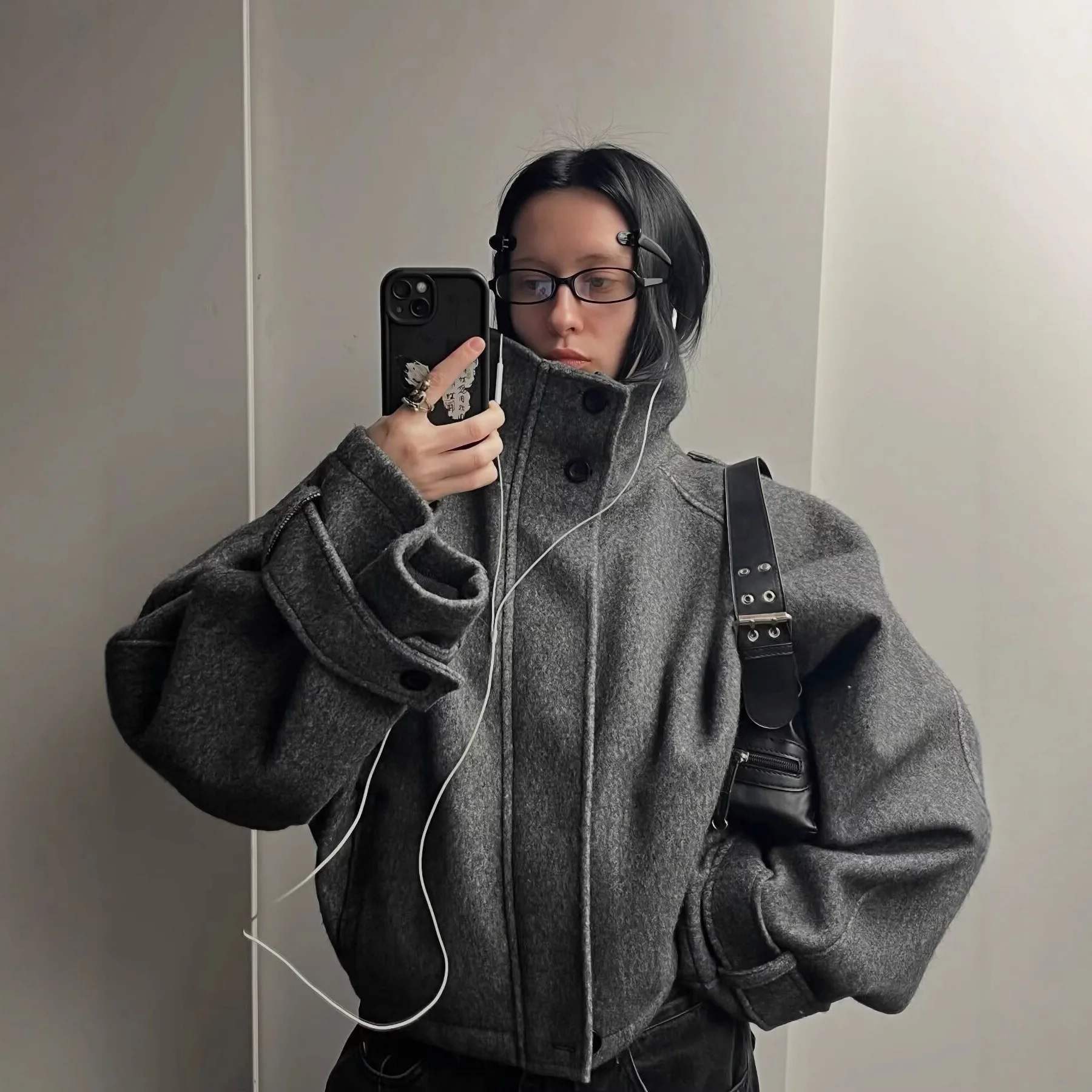 

Fashionable Versatile Stand Collar Woolen Jacket Women's Single Button Slimming Outerwear Elegant Commute Style Polyester