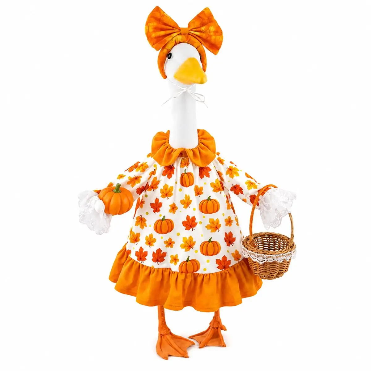 Pumpkin Dress Costume for 23 Inch Lawn Goose Statue, Fall Porch Goose Outfit with Basket & Headband, Thanksgiving Halloween