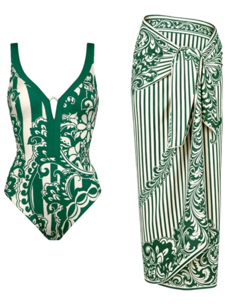 Retro Bikini Printed Fashion Two Piece Swimsuit And Cover Up With Skirt Tight Women's Bandage Summer Beach Luxury Elegant