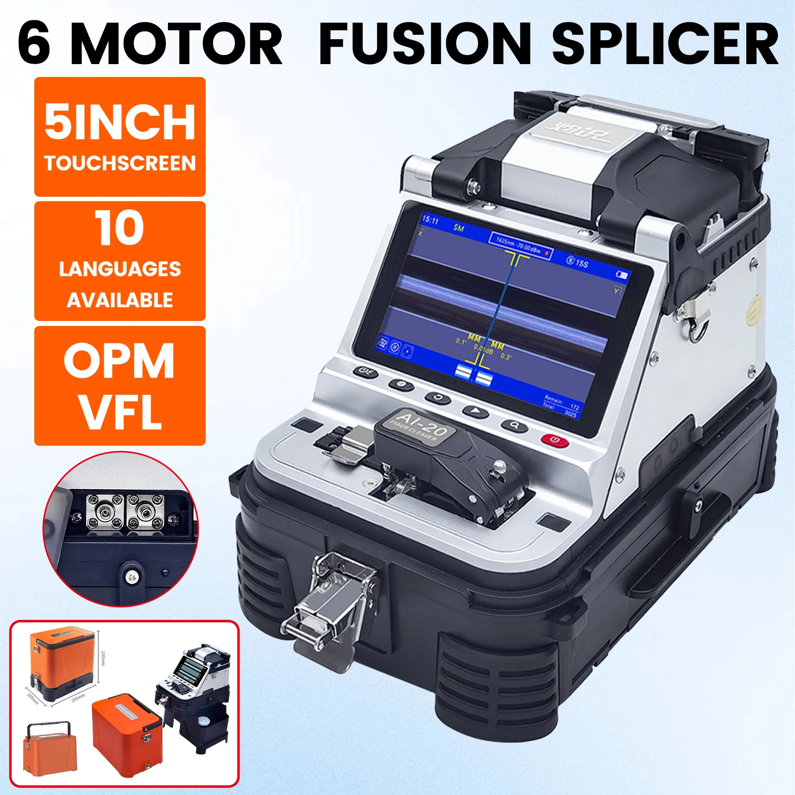 Signal Fire AI-20A Fiber Fusion Splicer 6 Motors Core Alignment Integrated All-in-One Splicer, 3-in-1 Fixture No Replacement, with OPM & VFL & Cleaver, 5 inch Color Touchscreen FTTH Fiber Welder