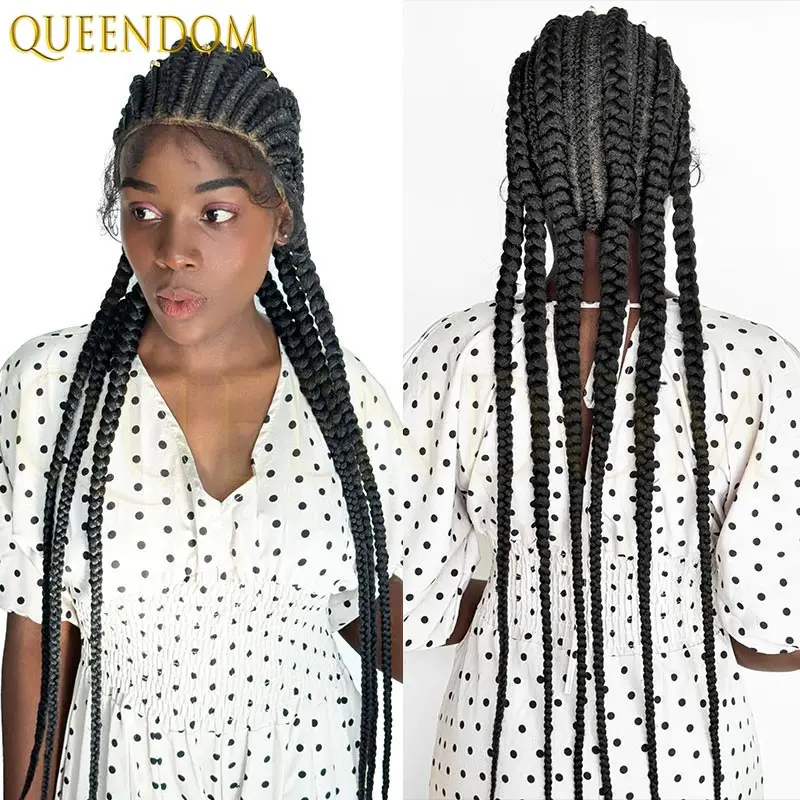 36 ''الصناعية صندوق جامبو الدانتيل شعر مستعار أمامي كامل الدانتيل كورنو تويست جديلة فو Locs شعر مستعار للنساء السود عقدة صندوق شعر مستعار مضفر #4
