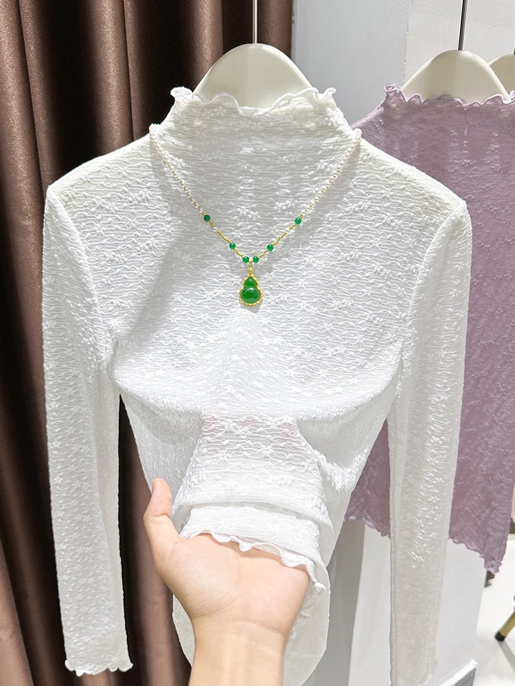 

Женская осенне-зимняя трикотажная кофта Gentle Wind с высоким воротником, длинным рукавом и кружевной отделкой, базовый слой для многослойных образов