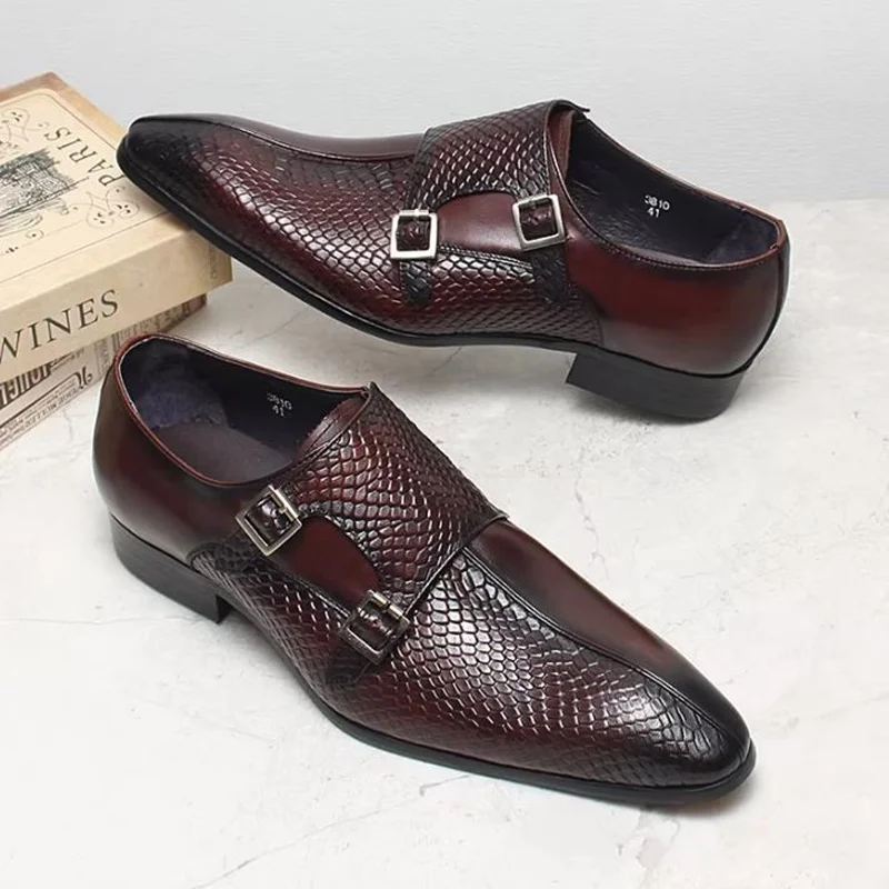 British Style Fish-scale Pattern Double Buckle Shoes Man Leather Formal Loafers Men's Monk Shoes Genuine Leather Dress Shoes 4