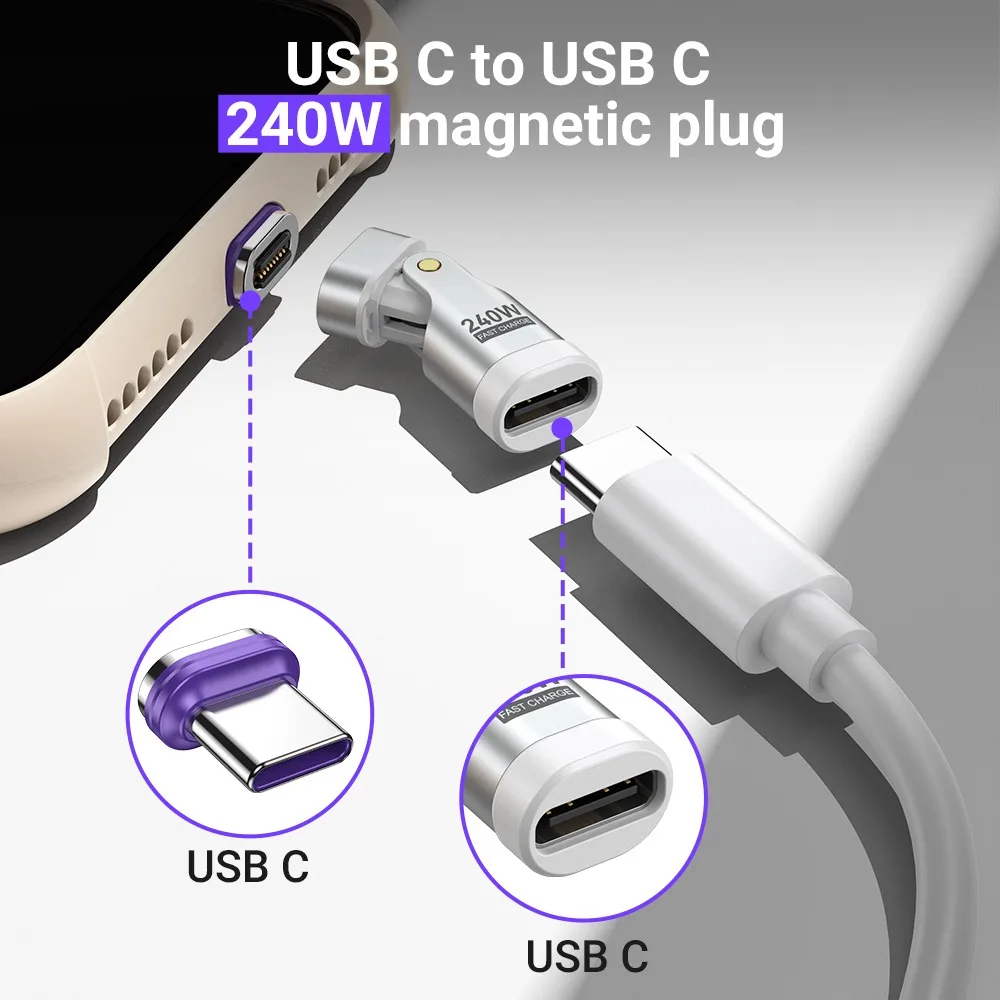AUFU 16Pin Magnetic USB C Male to USB C Female Adapter 180 Degree 240W Fast Charging Type C Adapter for Iphone16 15 Macbook Pro