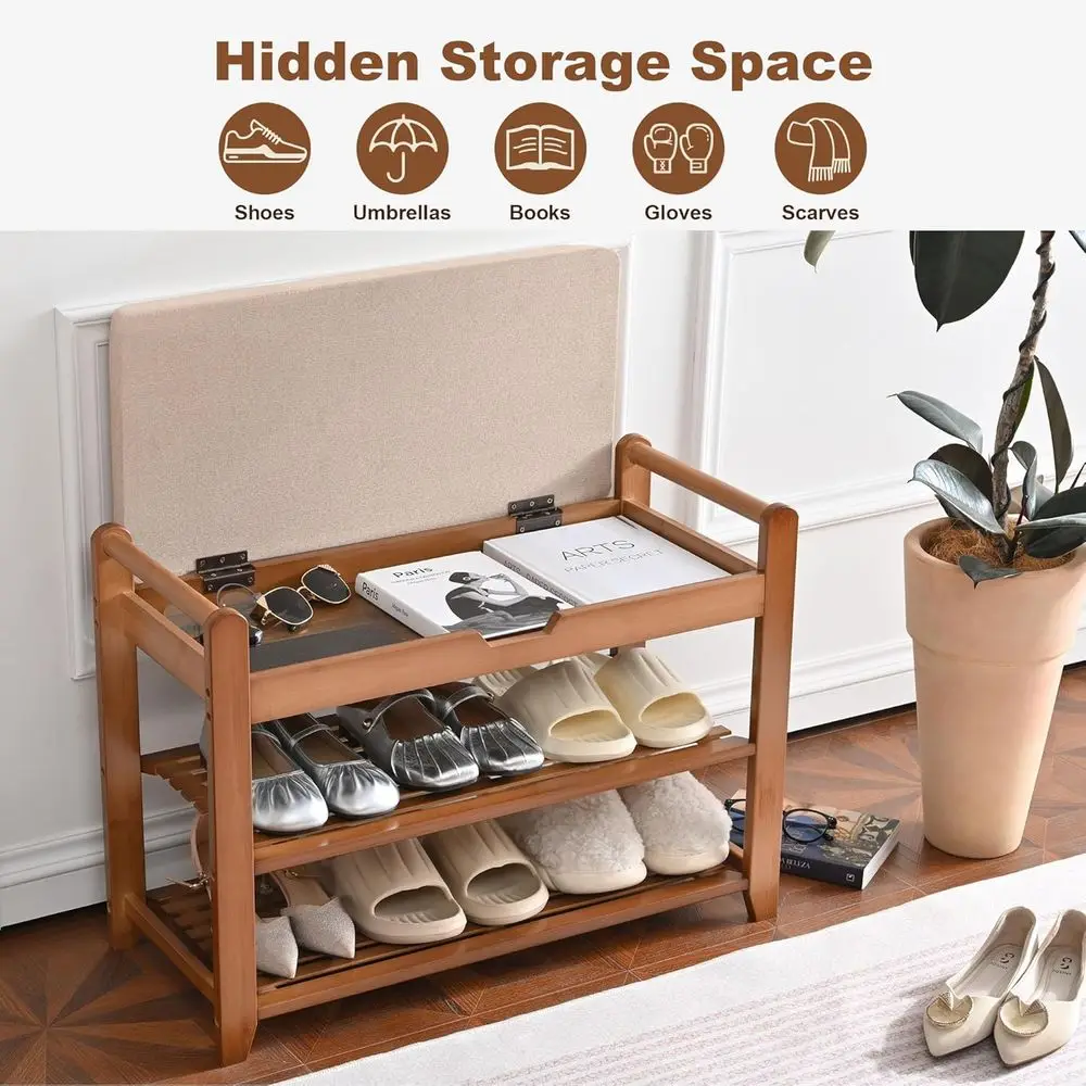 Bamboo 3-Tier Shoe Storage Bench with Coat Rack, Holds Up to 330 lbs for Entryway and Bedroom