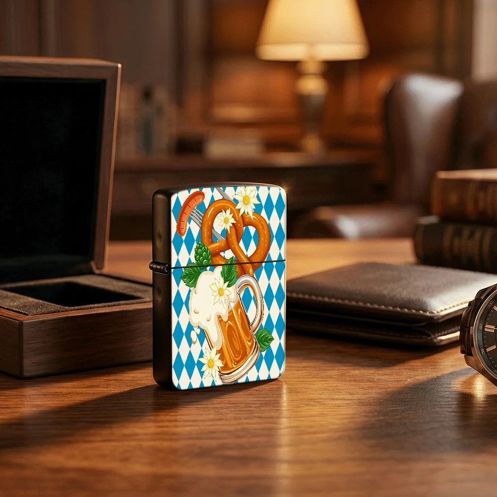Encendedor con Tapa Abatible con Diseño del Festival de la Cerveza Alemán, Diseño Oktoberfest con Pretzel y Hojas de Lúpulo para Regalo de Fiesta en el Bar