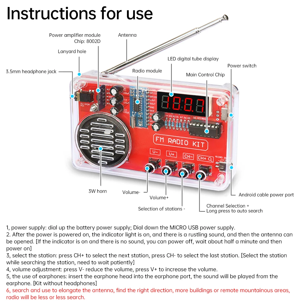 DIY FM Radio Electronic Kit Adjustable Frequency 150Hz-20KHz Digital Display Solder Project Practice Solder Electronic Component