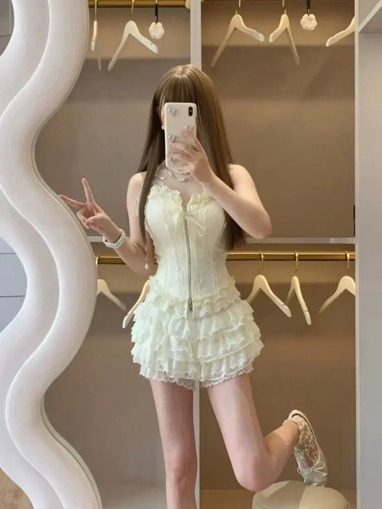 Cute Desire Lace Bustier Top High Waist Mini Cake Skirt Set Sexy Corset Cami Winter Outfit Ruffled Tulle Two Piece Lolita Style view 5