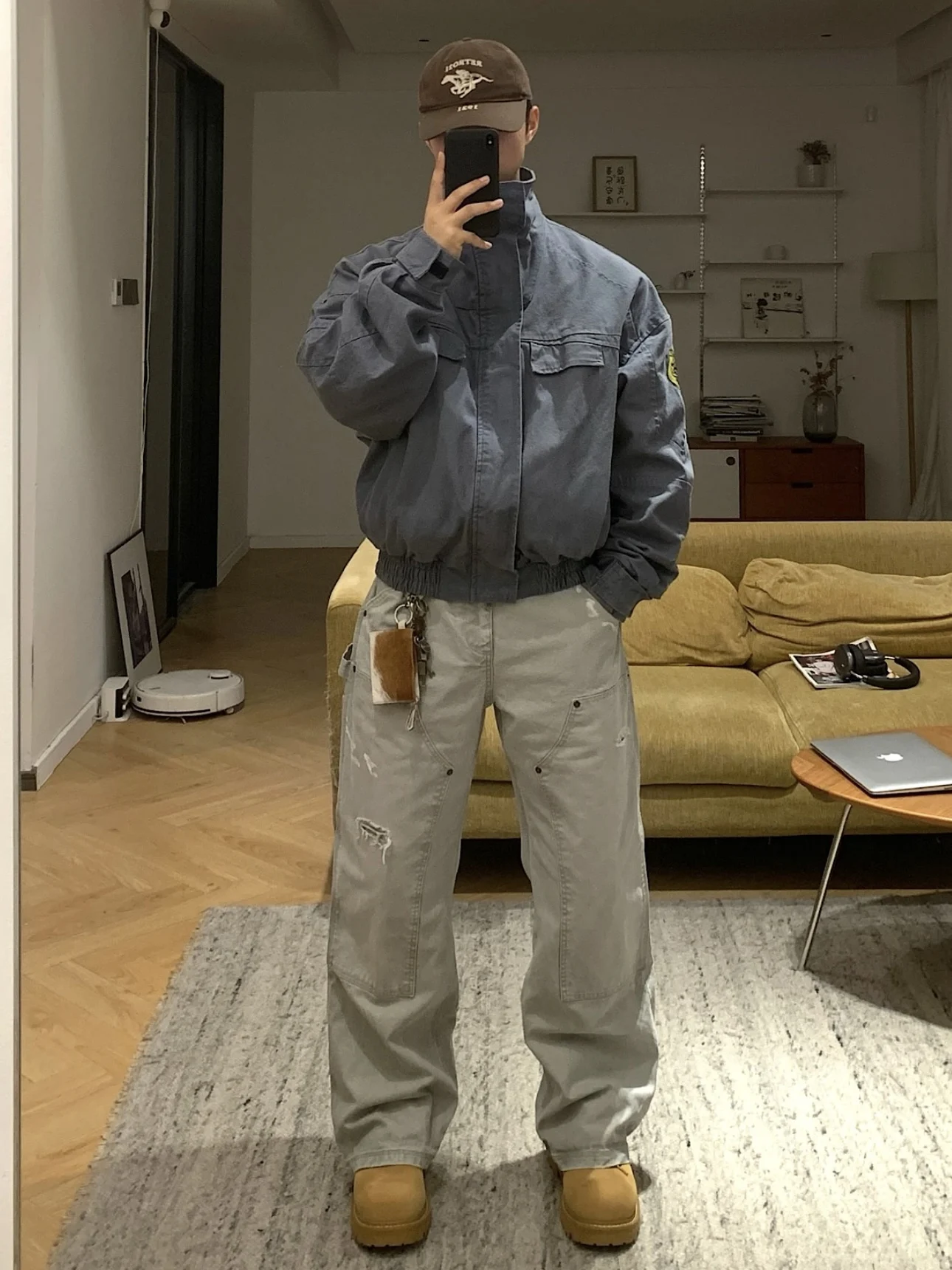 

Retro American Blue Waed Workwear Jaet Men's ort Baseball Sle Autumn Trendy Pilot Collar Coat Casual Loose Fit