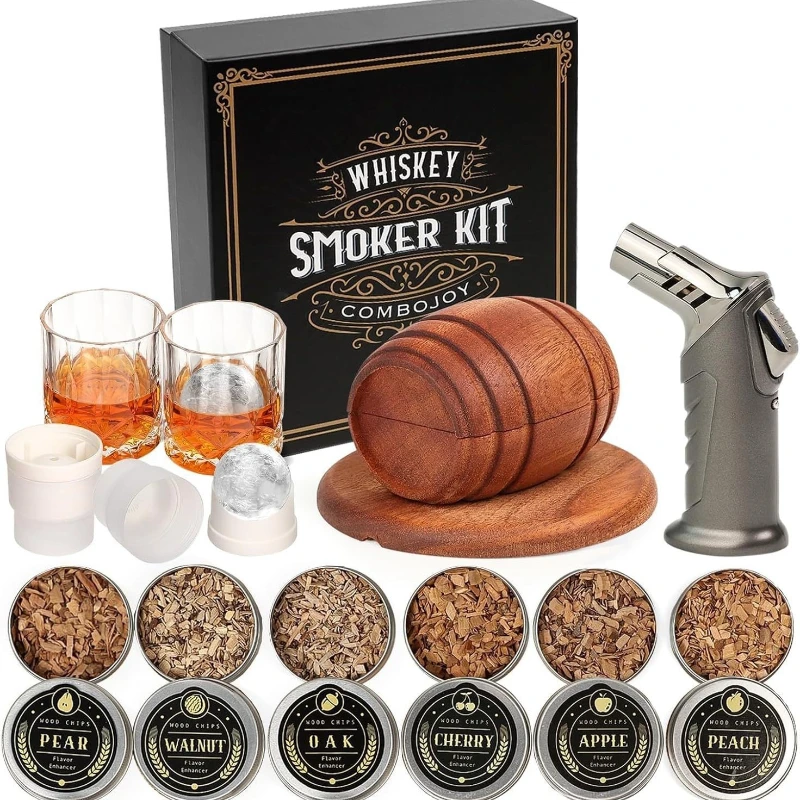 Cocktail Smoker Kit with Wooden Barrel, Whiskey Infuser for Old Fashioned & Bourbon, Bartender Mixology Set, Home Bar Gift