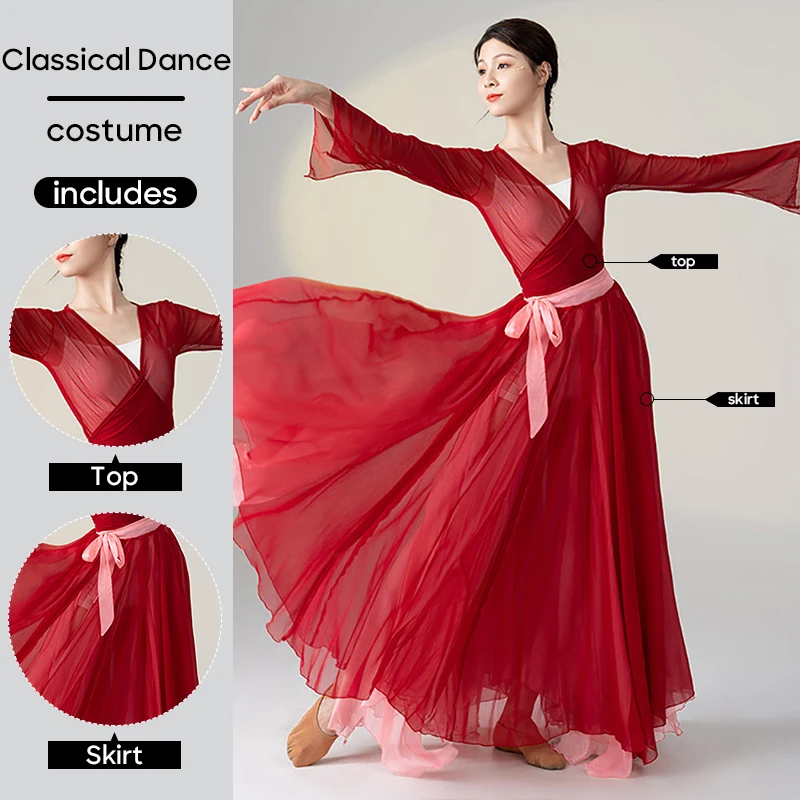 

Classical Dance Costume 2 Pieces Set Top & Skirt Dancing Outfit for Women Stage Performance Wearing Suit Practice Clothes