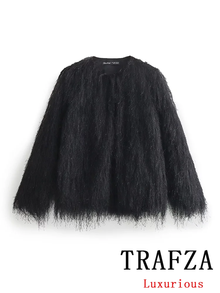 TRAFZA Vintage Faux Fur Kurtki damskie Solid O-Neck Długi rękaw Zakryty Guzik Ciepły Płaszcz Szykowna Moda 2024 Zimowa Wiosna Odzież wierzchnia