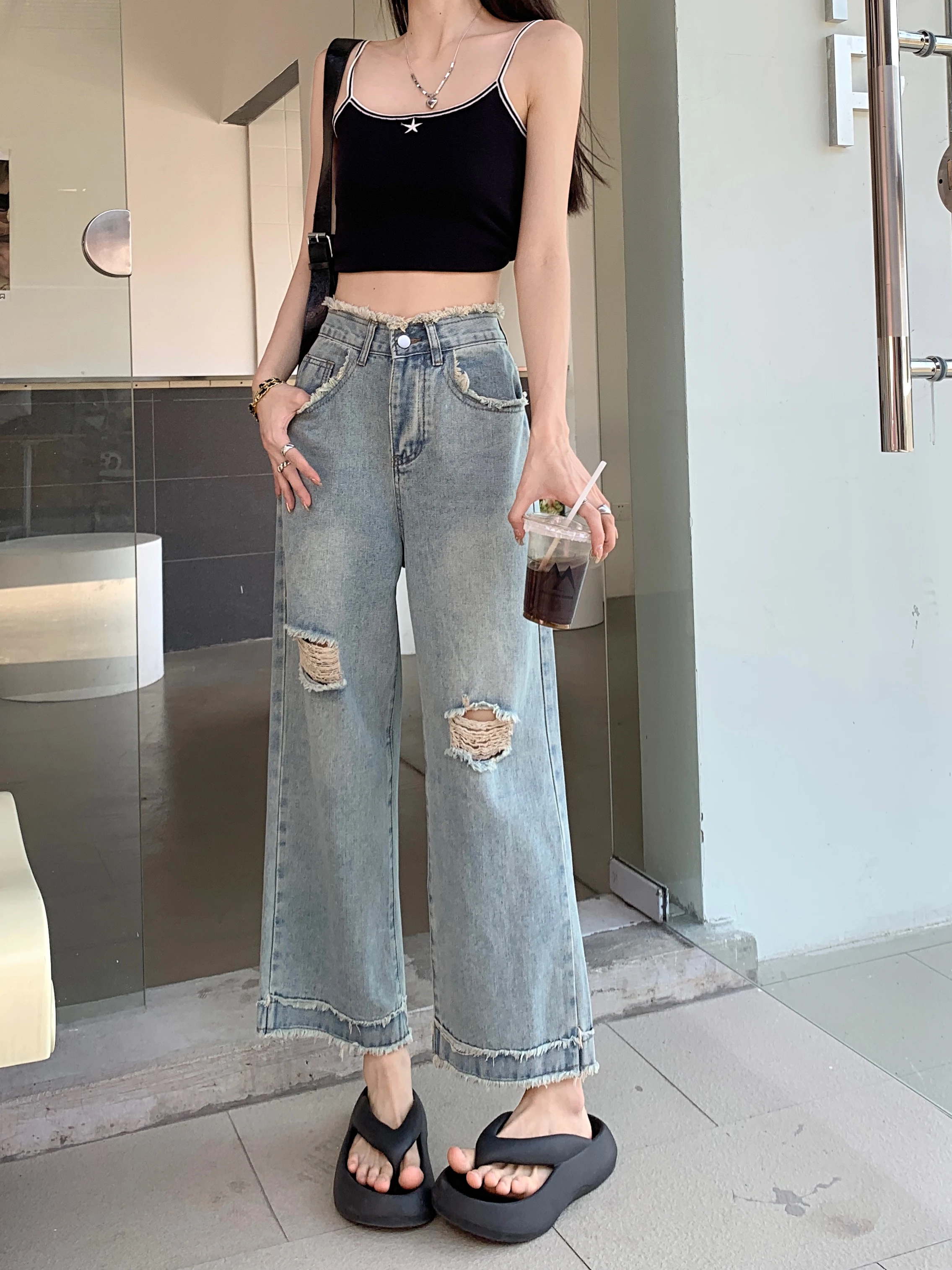 Thin Worn-out Jeans for Women Early Autumn 2023 High Waist Straight Loose Raw Edge Wide Leg Cropped Denim Pants Korea Streetwear