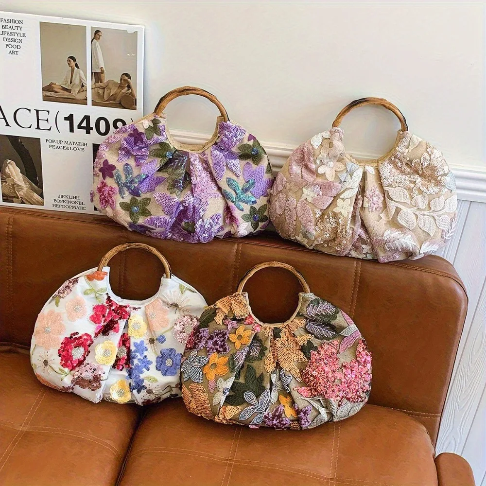 

Handbags Women Bamboo Handle Sequin Design Elegant Banquet Clutch Floral Linen Bag Women's Wrist Bags Lady Mini Purse Wallet