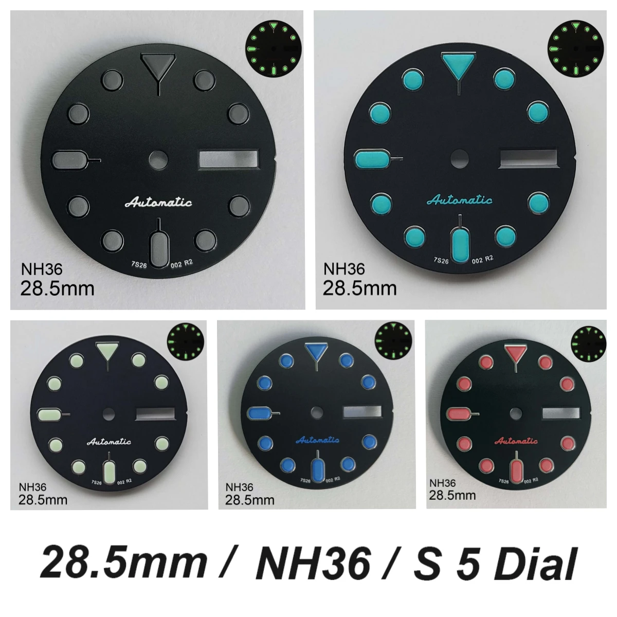 

28.5mm S5 Logo 007 Dial Suitable For NH36/4R36 Movement Green Luminous Black Matte Watch Dial Watch Modification Accessories