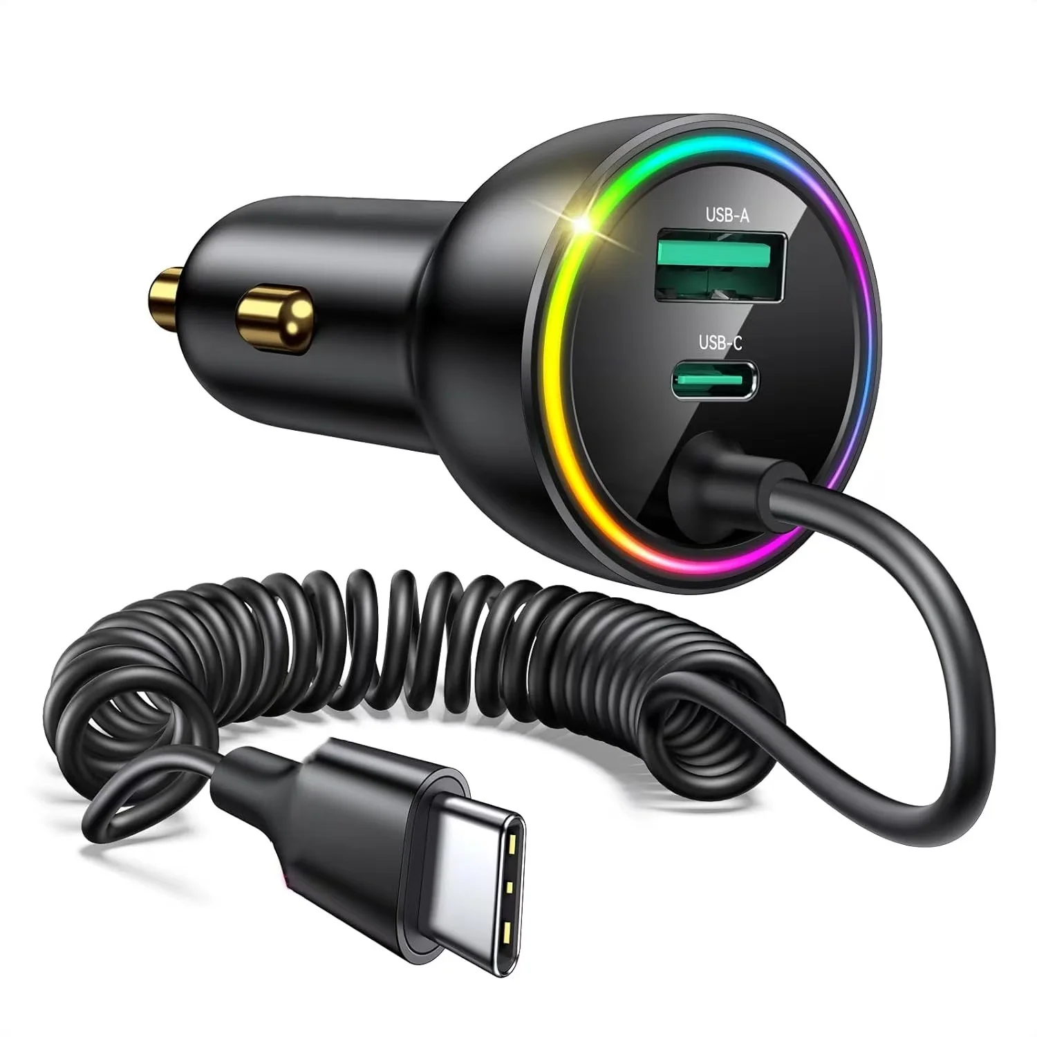 Car Charger PD&QC 3.0-36W, 30W Type-C Coiled Cable  for iPhone 17-8 Series/Samsung Galaxy S23-S21/Google Pixel/Android/iPad etc