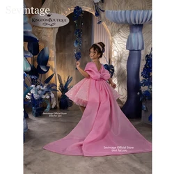 Sevintage Customized Pink Glitter Flower Girls Dresses Sequined Bow Train Children Birthday Party Dresses Formal Spaghetti Strap