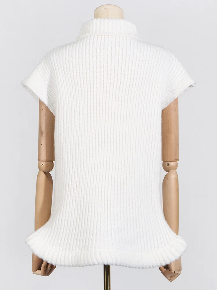 VGH Solid Temperament Knitting Sweaters For Women Turtleneck Short Sleeve Slimming Pullover Irregular Sweater Female Fashion New