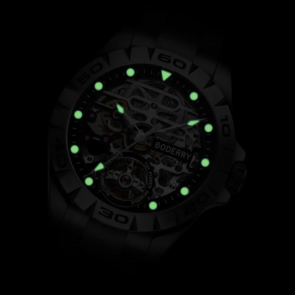BODERRY Mens Automatic Watches Military Watch Mechanical Wristwatch 50m Waterproof Sapphire Mirror Steel Strap Skeleton Dial