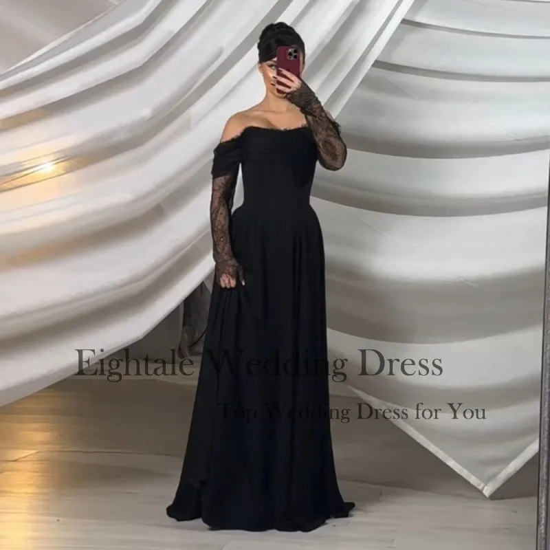 Eightale Black Wedding Dresses Off the Shoulder Lace Long Sleeves A-Line Beach Bridal Gows Wedding Party Dress