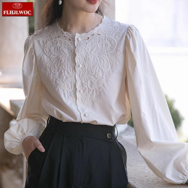 

Lace Embroidery Tops Blouses European Style French Design Women Lantern Sleeves Elegant Hollow Out Crochet Lace Shirts Cotton