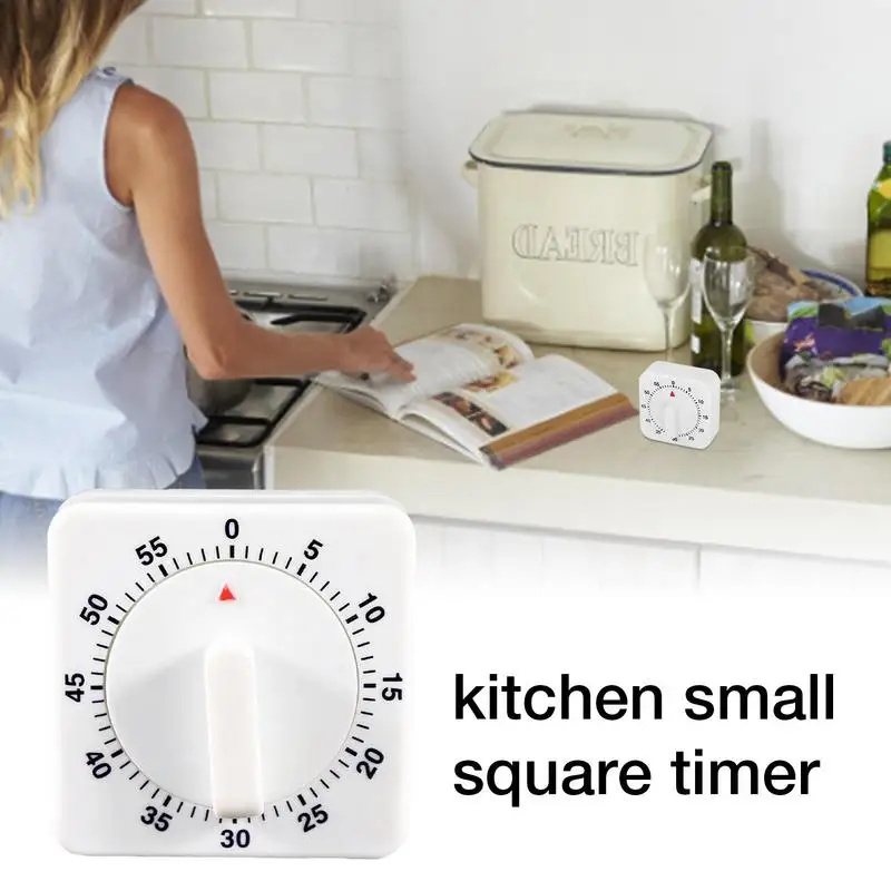 60 Minutes Kitchen Timer Count Down Silent Alarm Reminder White Square Mechanical Timer for Kitchen Classroom Homework Office