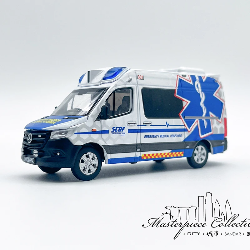 Diecast Model Car 1/64 Mercedes-Benz Sprinter Scdf Emergency Ambulance Model Alloy Car Collection Toys for Boys Gift