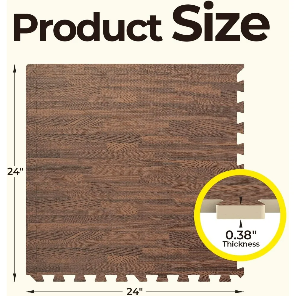 25 قطعة 24 × 24 بلاط إسفنجي متشابك من الخشب الداكن، سميك 3/8 بوصة، تغطية 100 قدم مربع