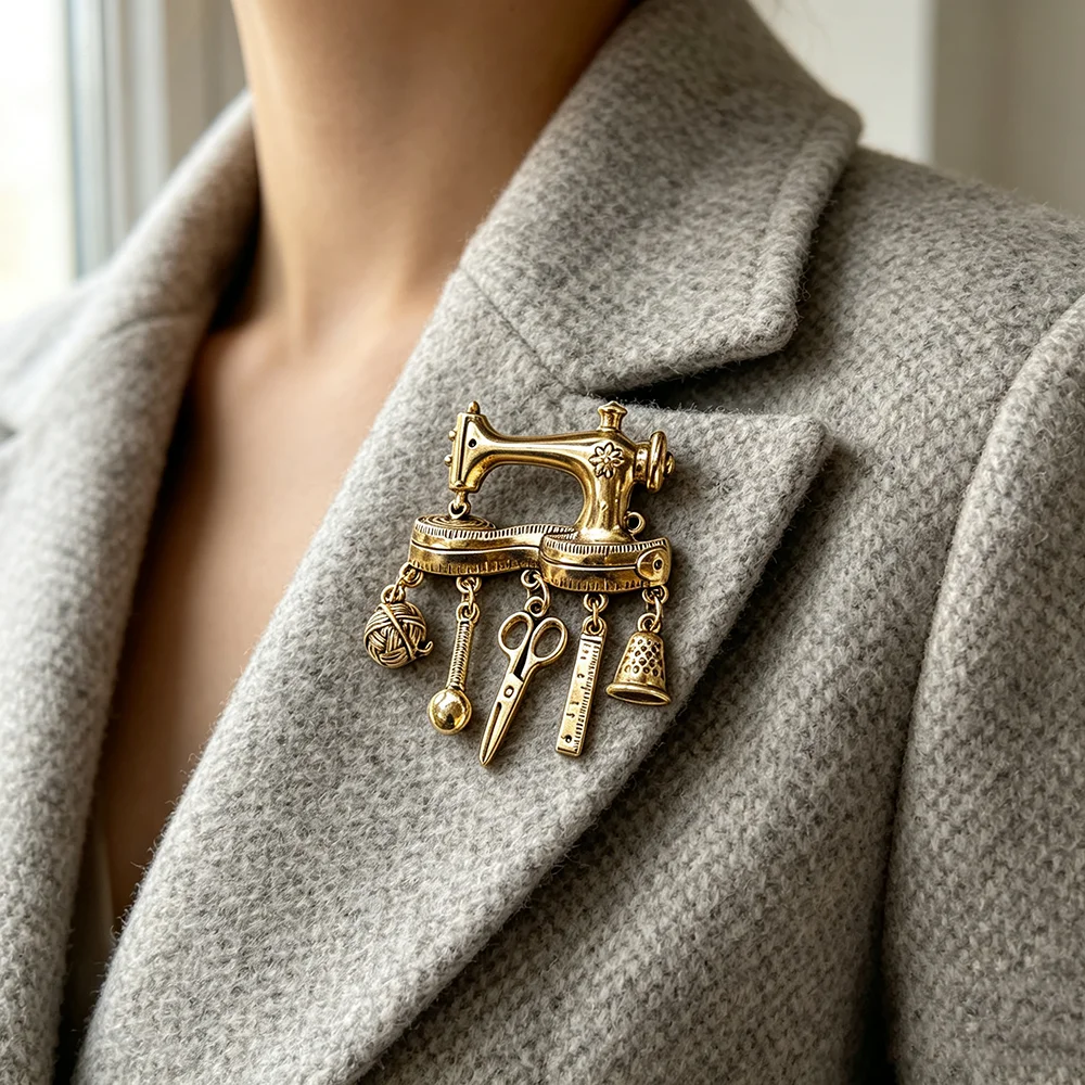 Vintage Sewing Machine Dangle Brooch Retro Scissors Thimble Lapel Pin Antique Metal Badge for Coat Women Jewelry Party Gift