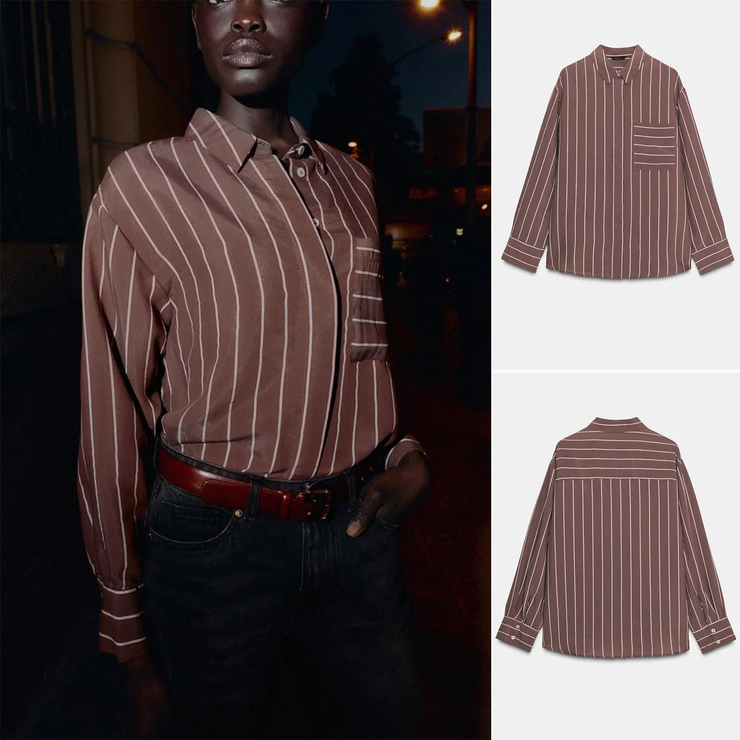 Invierno nuevo mujer largo Sve irt Design Sense ket rayas decoradas drapeado irt corte suelto fibra de poliéster resistente t...