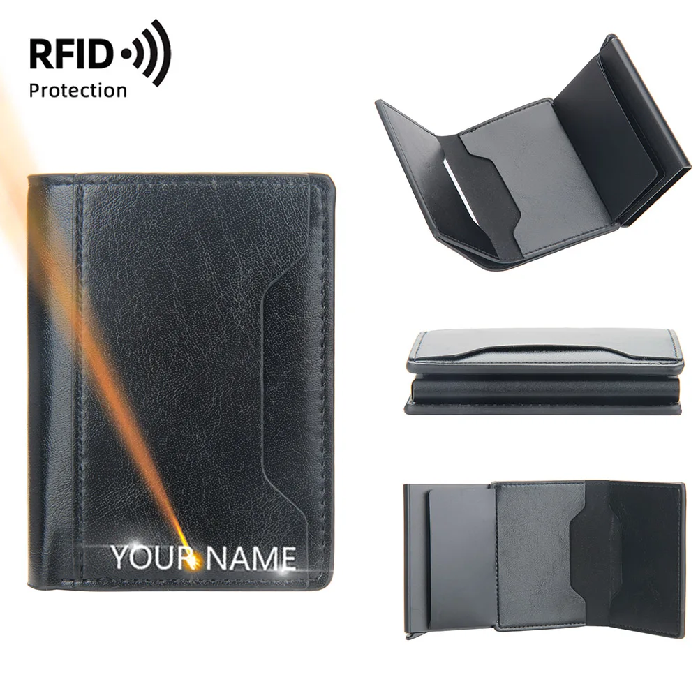 New RFID Card Holder Men Wallets Name Engraving Small Short Popup Card Bag Male Purse Classic Simple Card Clips Men Card Wallet